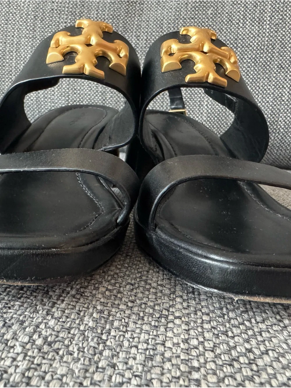 Tory Burch Black Leather Slingback Sandals with Gold Logo Accent